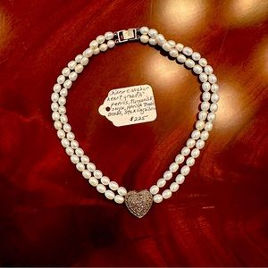 Chinese Cinnabar heart on cultured freshwater pearl necklace. Handmade.
